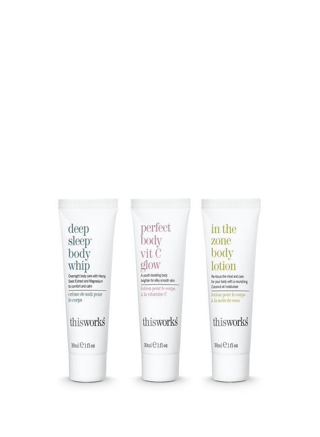 مجموعة العناية بالجسم من ذيس وركس - كريم الجسم ديب سليب، كريم الجسم بيرفكت بودي فيت سي جلو، لوشن الجسم إن ذا زون (30 مل لكل منها) - مرطبات بحجم مناسب للسفر - Image 2